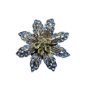 Flower Brooch Sparkling Blue & Yellow Rhinestone Flush Set Stones Silver Tone